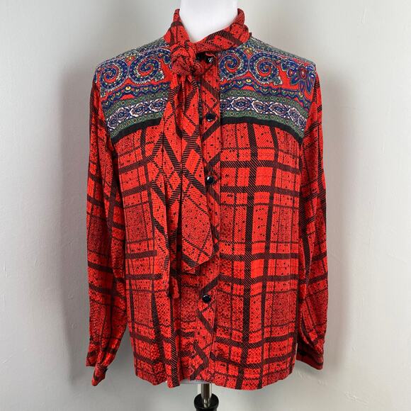 Vintage Julie Francis Silk Plaid Paisley Western Button Down Blouse 8 - Picture 1 of 8